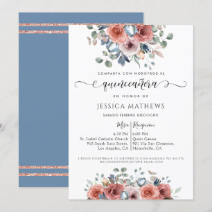 Guldet, Quinceañera Dusty Blue Rosa Blommigt Inbjudningar