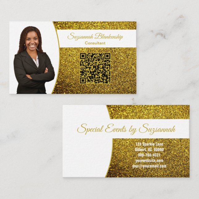 Guldfalskt glitter, professionell foto och QR-kod Visitkort (Fram/baksida)