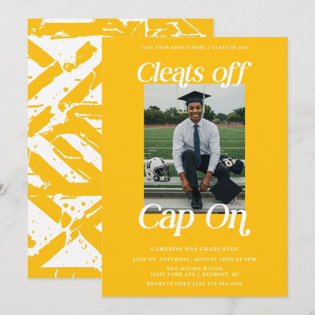 Guldfärgad Atlet Examensko utan mössa på Inbjudningar (Fram/baksida)