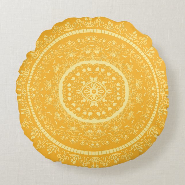 Guldfärgad Blommig Mandala Rund Boho Kudd Kudde (Framsidan)