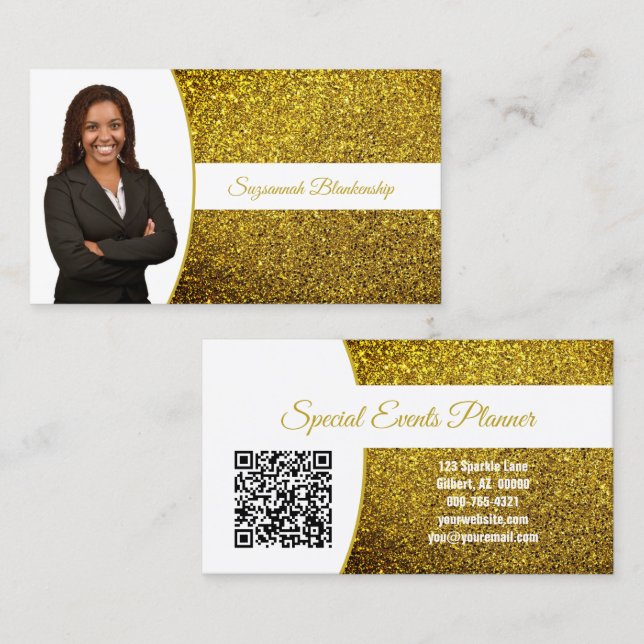 Guldfärgad falsk glitter professionell foto QR Visitkort (Fram/baksida)