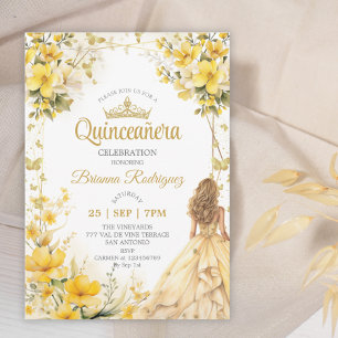 Guldfärgad Tiara Blommig Fjäril Quinceañera Inbjudningar