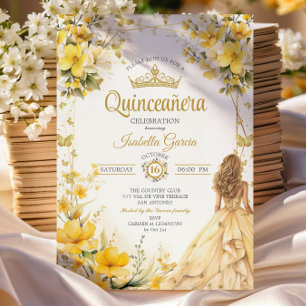 Guldfärgad Tiara Blommiga Fjärilar Quinceañera Inbjudningar