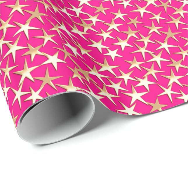 Guldfärgade stjärnor på fuchsia rosa presentpapper (Rullad Hörn)