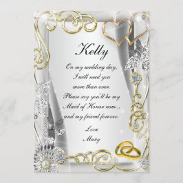 Guldfärgade vigselringar och hjärtan - brudtärna-k inbjudningar