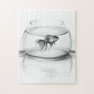 Guldfisk i skål och vatten teckning art pussel