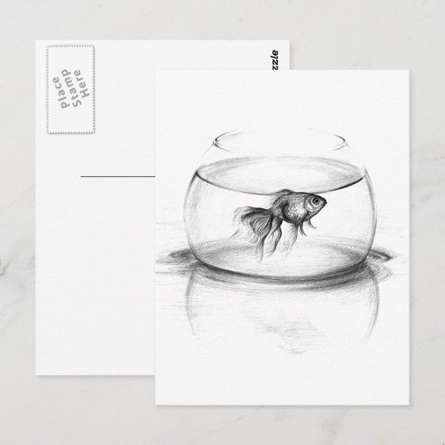 Guldfisk i skål och vatten teckning art vykort (Fram/baksida)