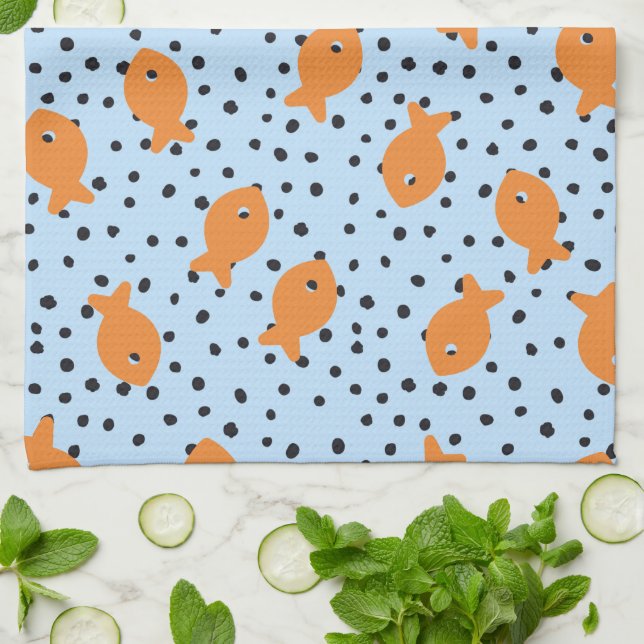 Guldfiskdesign Orange och Blå Kökshandduk (Vikta)