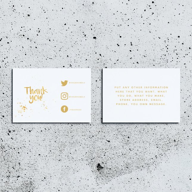 Guldfolie, effekt tack vare Social-länkkortet Tilläggskort (White insert card for customer orders. Thank you in fun text and social media details and message.)