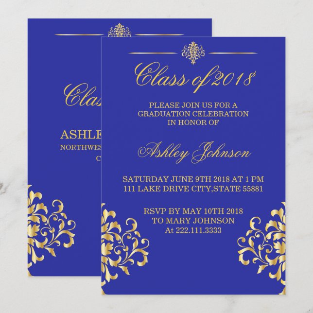 Guldfolie och inbjudan till Royal Blue Studenten (Fram/baksida)