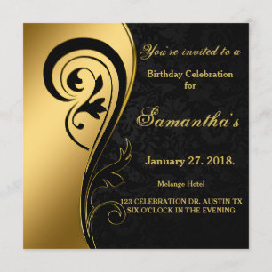 Guldfolie, snurrar, svart damm, 50:e födelsedagen inbjudningar