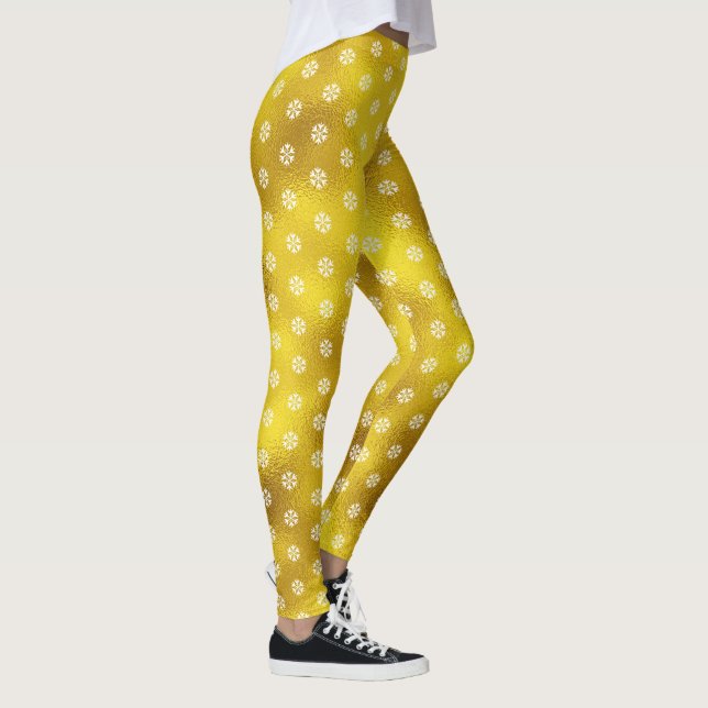 Guldfolie, vit snowflake mönster helgdag modern leggings (Höger)