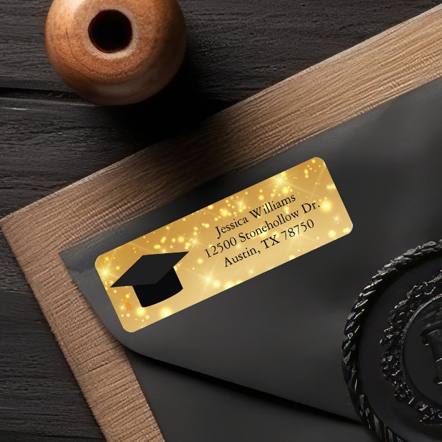 Guldglänsande examensmössa Chic returadress Etikett (Skapare uppladdad)