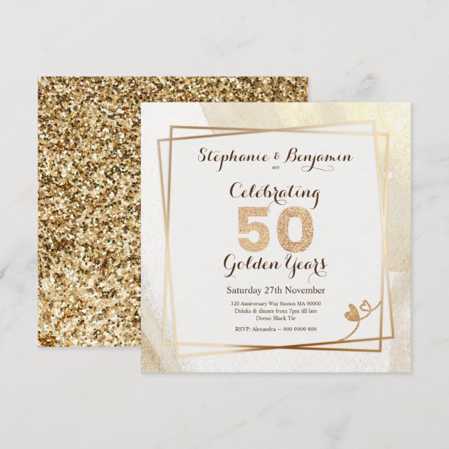 Guldglitter 50-års bröllopsdag Text Elegant Inbjudningar (Fram/baksida)
