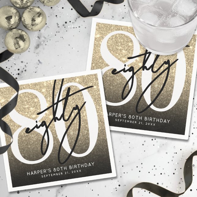 Guldglitter 80-årsfest pappersservett (Gold Glitter 80th Birthday Party Napkins)