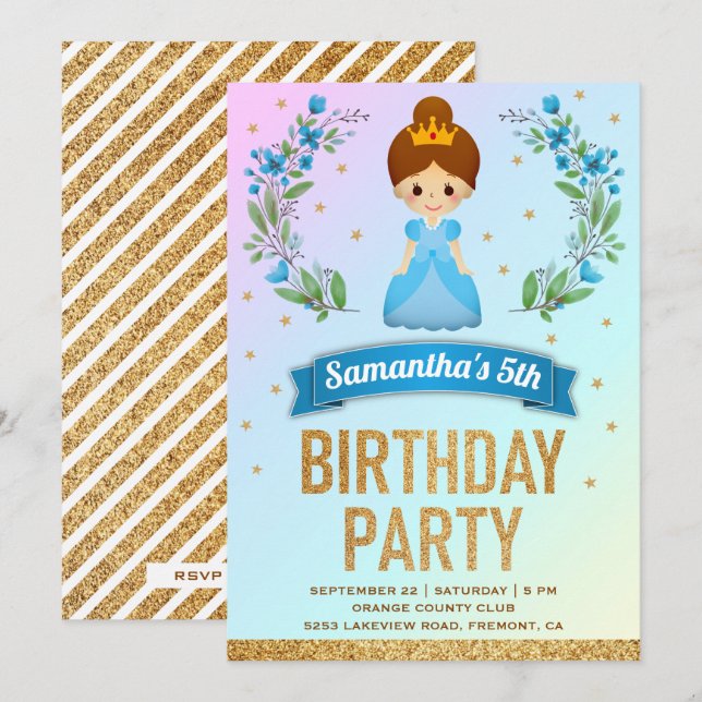 Guldglitter Blå Blommig Prinsessa Födelsedagsfest Inbjudningar (Fram/baksida)