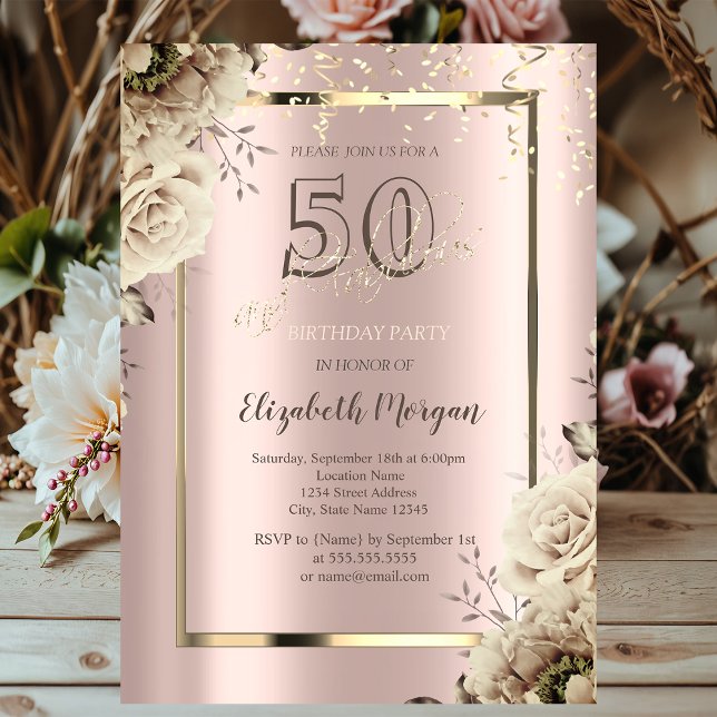 Guldglitter, Blommor Roséguld 50-årsfirande Inbjudningar (Skapare uppladdad)