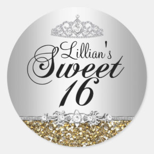 Guldglitter & diamanttiara Sweet 16 dekal Runt Klistermärke