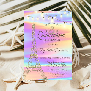 Guldglitter Eiffeltorn Holografisk Quinceañera Inbjudningar