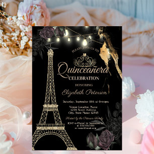 Guldglitter Eiffeltorn Svarta Rosor Quinceañera Inbjudningar