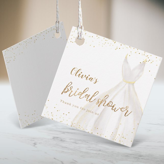 Guldglitter Elegant Bröllopsklänning Bröllopsdusch Gåvor Etiketter (Gold Glitter Elegant Dress Bridal Shower Favor Tags)