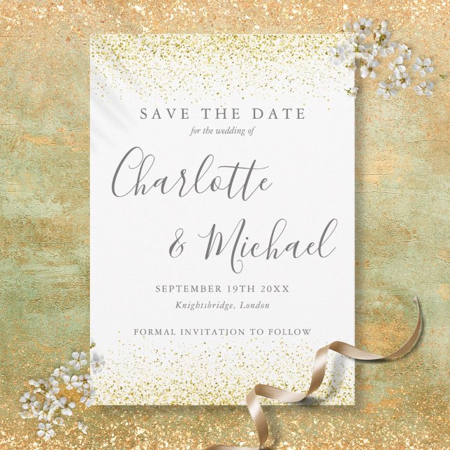 Guldglitter Elegant Signatur Bröllopsskrift Spara Datumet (Gold Glitter Elegant Signature Script Wedding Save The Date)