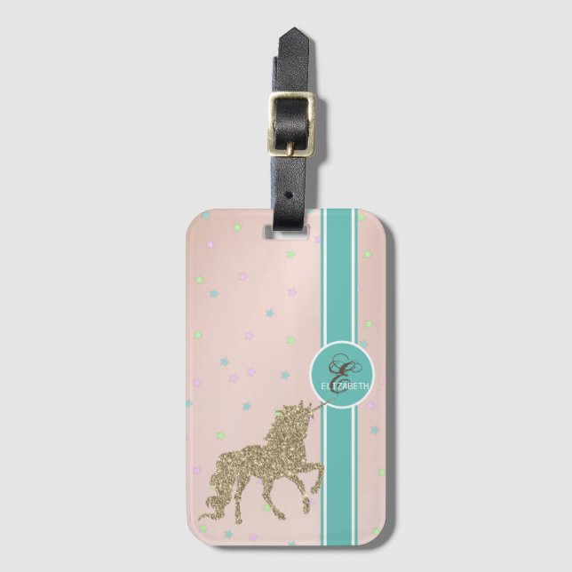 Guldglitter Enhörning, Färgglada Stjärnor Monogram Bagagebricka (Framsida vertikal)