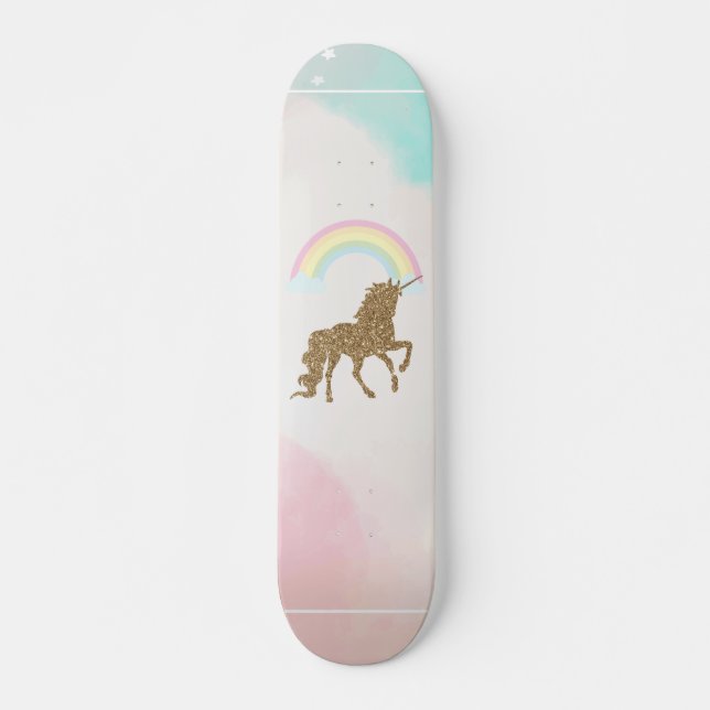 Guldglitter Enhörning, Regnbåge Mini Skateboard Bräda 18,5 Cm (Framsida)