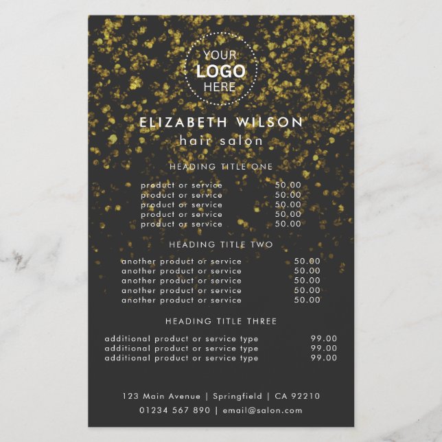 Guldglitter | Enkel salongtjänstmeny Flyer (Framsidan)