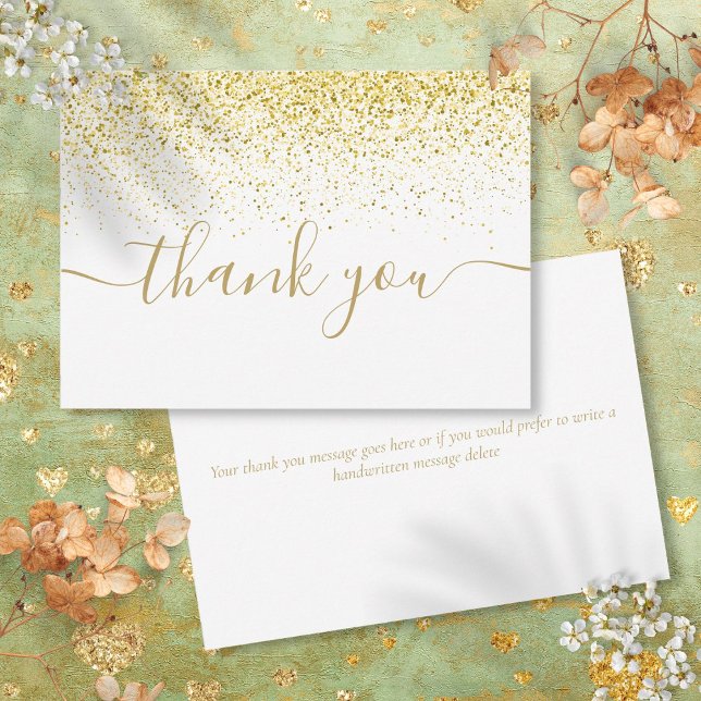 Guldglitter Gnistrar Modern Elegant Skrift Tack Kort (Gold Glitter Sparkles Modern Elegant Script Thank You Card)