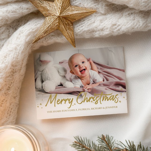 Guldglitter Handskriven Foto God Jul Vykort (Skapare uppladdad)