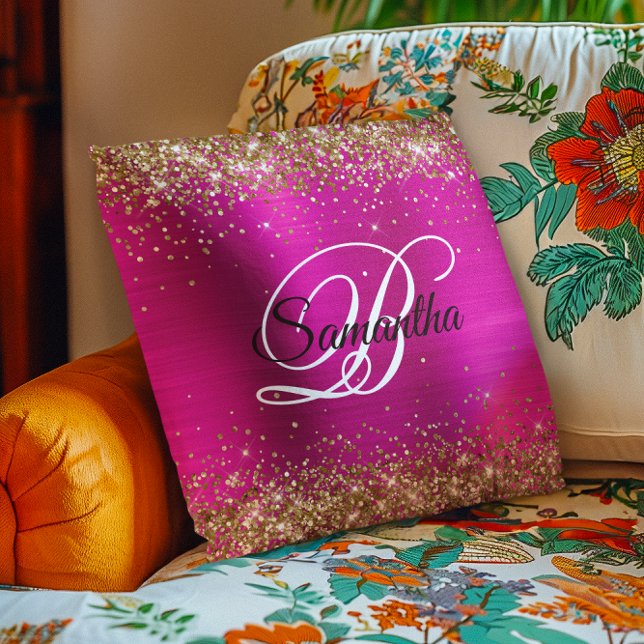 Guldglitter Hot Pink Folie Fancy Monogram Kudde (Gold Glitter Hot Pink Foil Fancy Monogram Throw Pillow)
