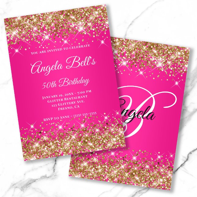 Guldglitter Hot Pink Ombre Elegant Monogram Inbjudningar (Skapare uppladdad)