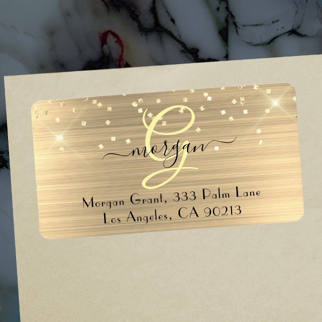 Guldglitter & Monogram, Svart Namn Adress i Script Adressetikett (Skapare uppladdad)
