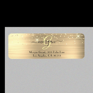 Guldglitter & Monogram, Svart Namn Adress i Script Returadress Etikett