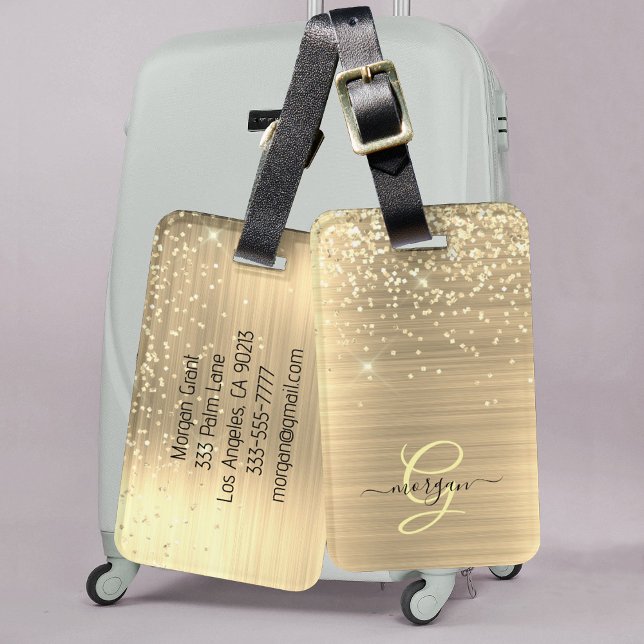 Guldglitter & Monogram, Svart namn i skrivstil Bagagebricka (Skapare uppladdad)