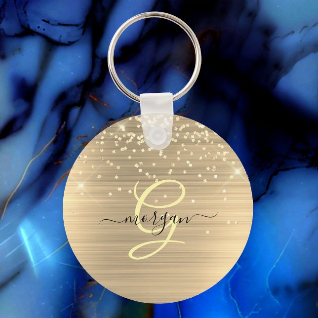Guldglitter & Monogram, Svart namn i skrivstil Nyckelring (Skapare uppladdad)