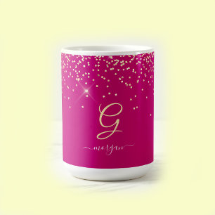 Guldglitter & Monogram Vitt namn i skrivstil, Fuch Kaffemugg