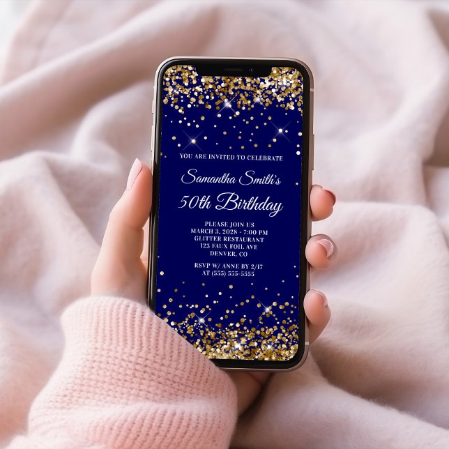 Guldglitter Navy 50-årsfirande Inbjudningar (Gold Glitter Navy 50th Birthday Invitation)