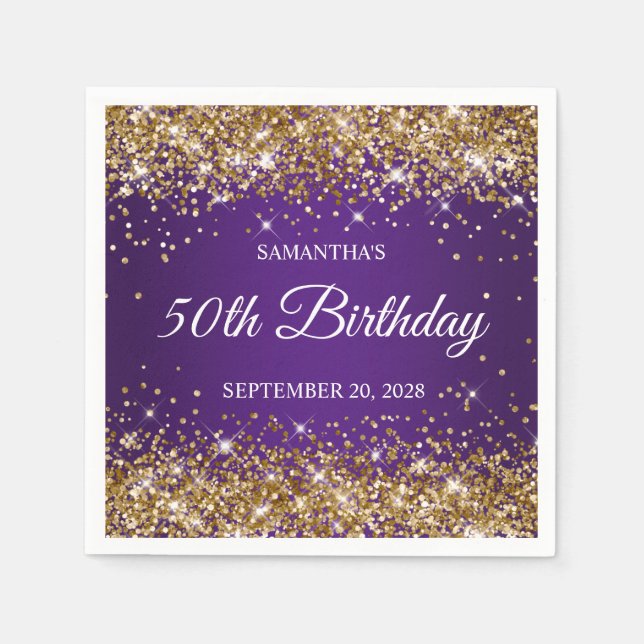 Guldglitter och kunglig lila 50-årsdag pappersservett (Framsidan)