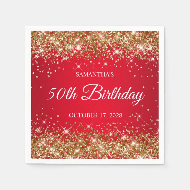 Guldglitter och röd 50-årsdag pappersservett (Framsidan)