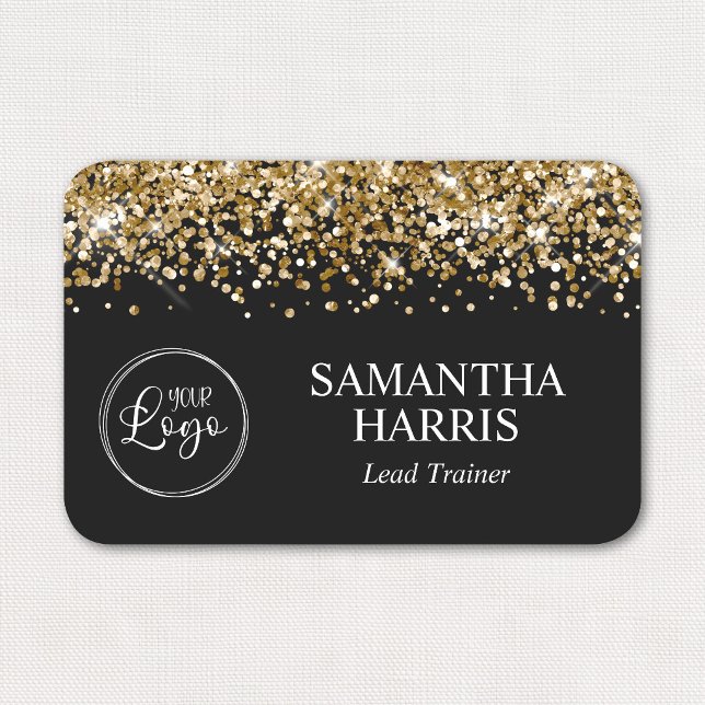 Guldglitter och svart logotyp namnbricka (Gold Glitter and Black Logo Name Tag)
