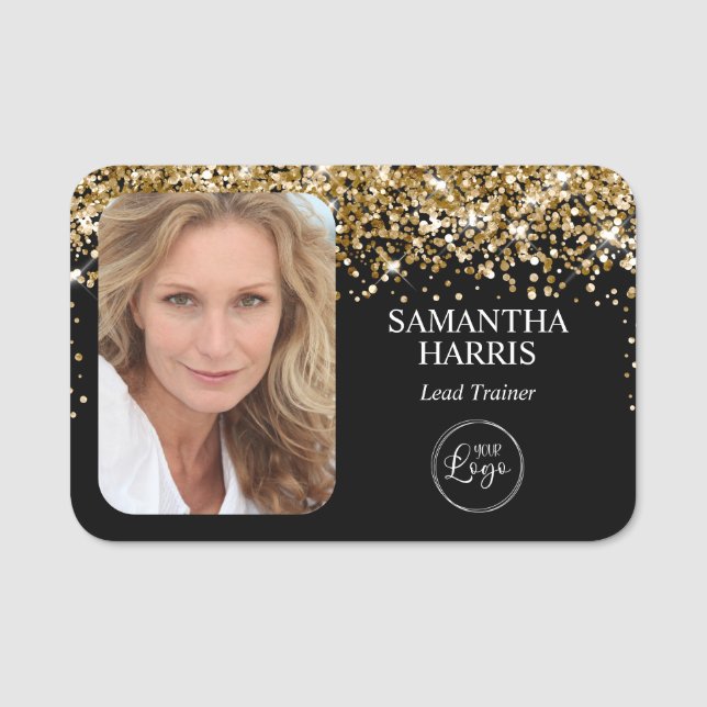 Guldglitter och svart logotyp och foto namnbricka (Framsida)
