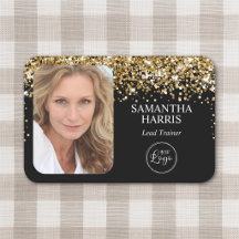 Guldglitter och svart logotyp och foto