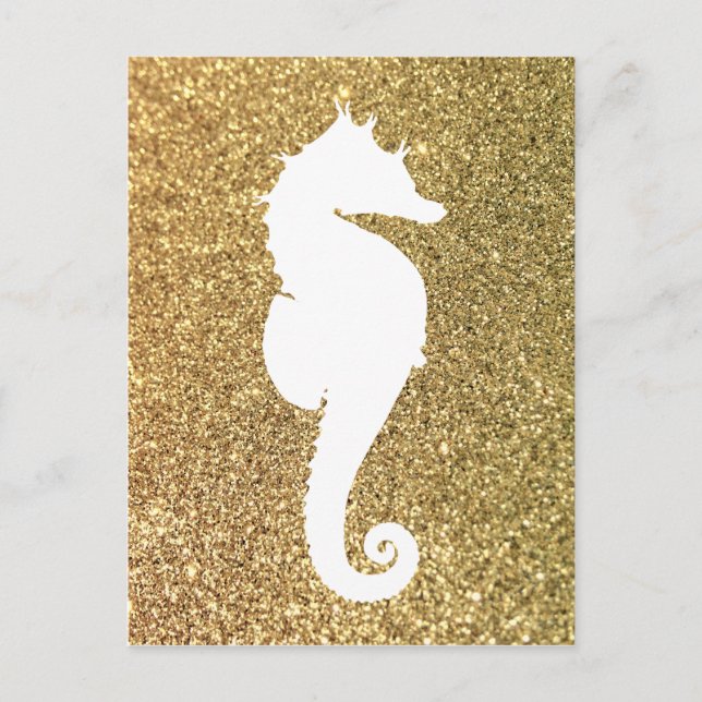 Guldglitter och vit sjöhästar vykort (Framsida)