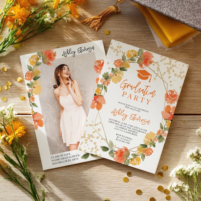 Guldglitter Orange Gul blomsterfoto examen Inbjudningar (Gold glitter Orange Yellow floral photo graduation Invitation)