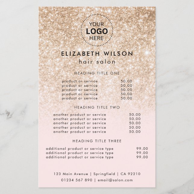 Guldglitter på rosa | Enkel salongtjänstmeny Flygblad (Framsidan)