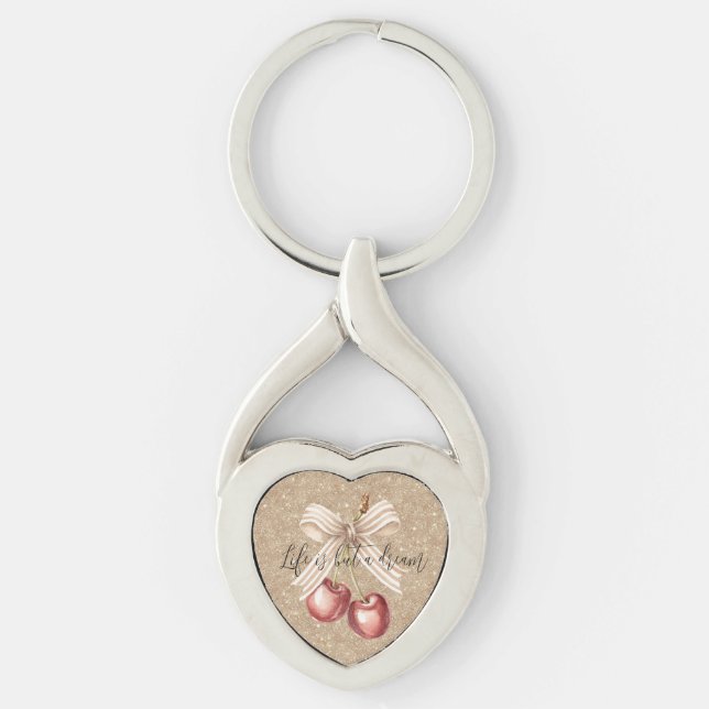 Guldglitter Röda Körsbär Twisted Heart Silverfärgad Nyckelring (Framsidan)