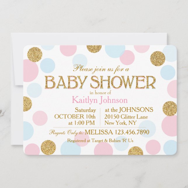 Guldglitter Rosa Babyblå Prickar Bebis Shower Inbjudningar (Framsida)
