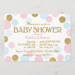 Guldglitter Rosa Babyblå Prickar Bebis Shower Inbjudningar